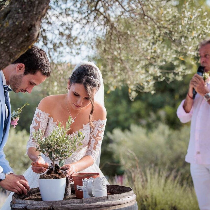 rituel de l'arbre lors d'une cérémonie laïque, couple de mariés qui plante un arbre